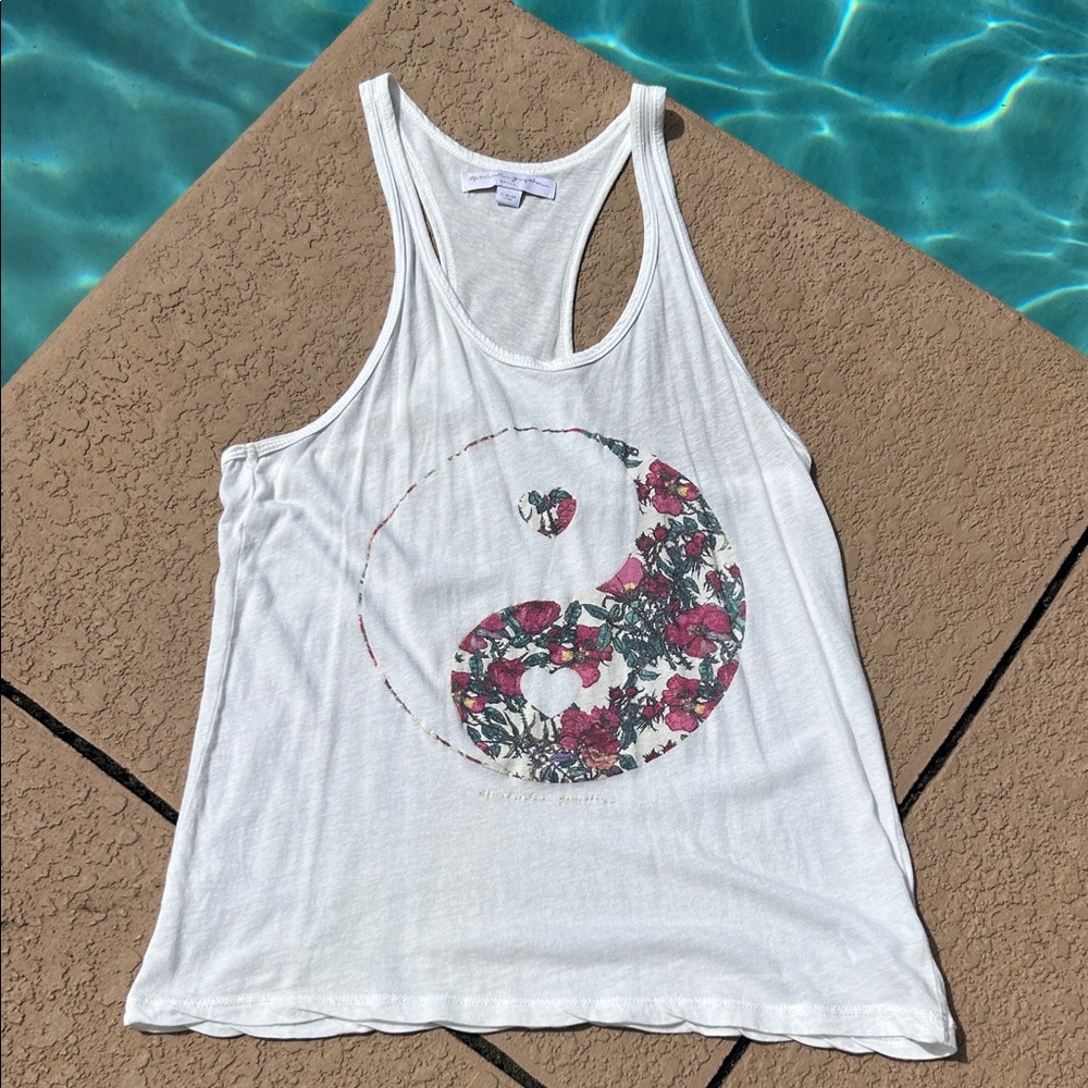 Spiritual Gangster White Tank with Floral Yin-Yang Graphic